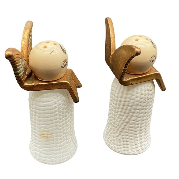 Vintage Angel Salt & Pepper Shaker Set With Brass Wings & Ceramic Texture Design - Picture 2 of 6